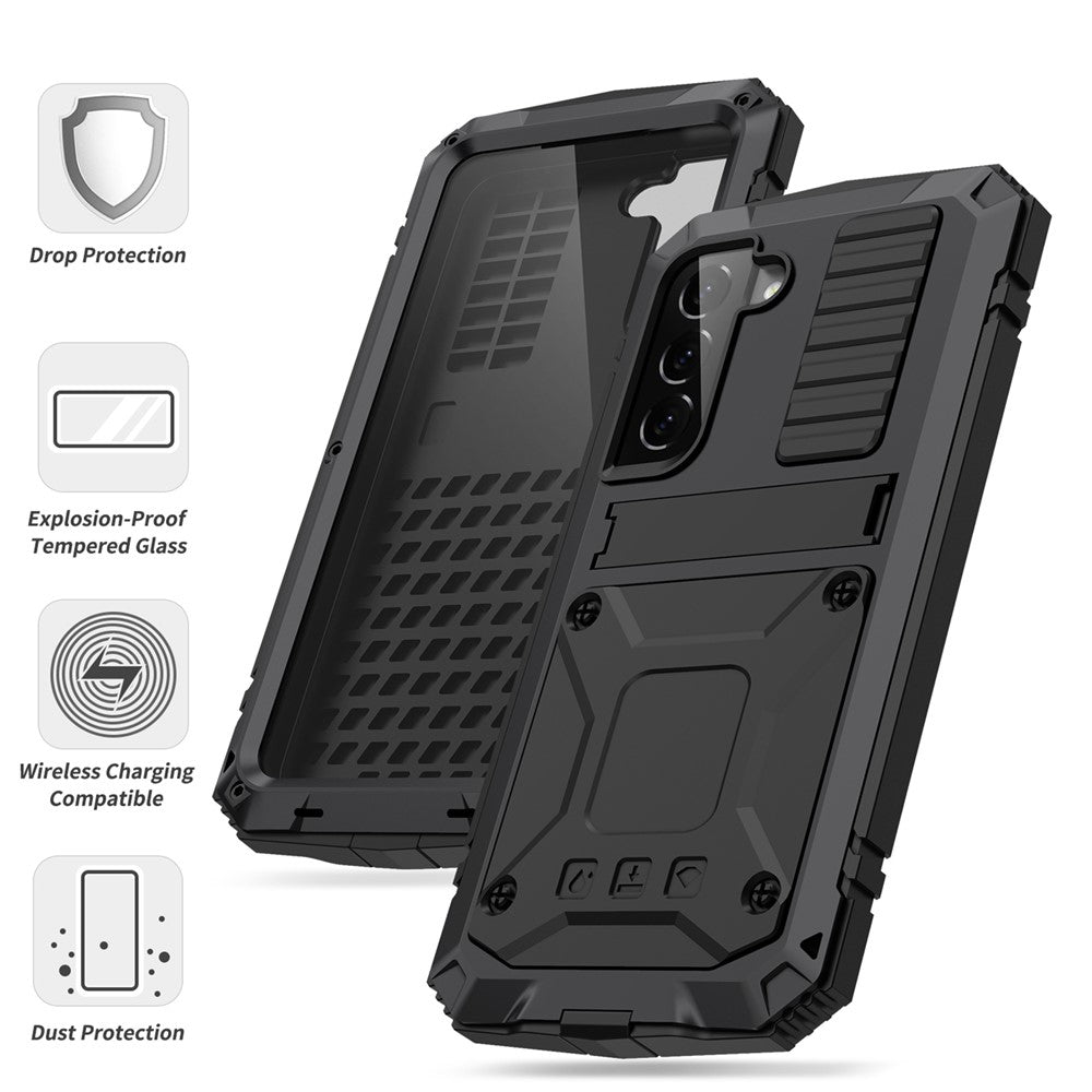 R-JUST for Samsung Galaxy S22 5G Waterproof Drop-Proof Case Kickstand Back Cover with Tempered Glass