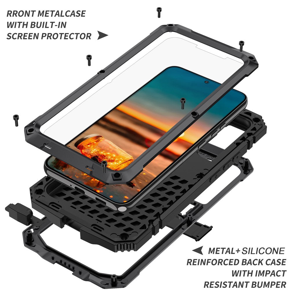 R-JUST for Samsung Galaxy S22 5G Waterproof Drop-Proof Case Kickstand Back Cover with Tempered Glass