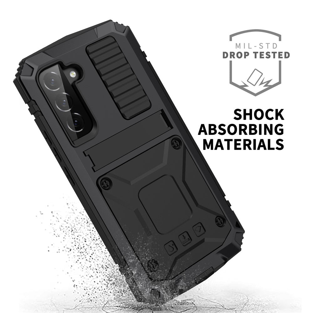 R-JUST for Samsung Galaxy S22 5G Waterproof Drop-Proof Case Kickstand Back Cover with Tempered Glass