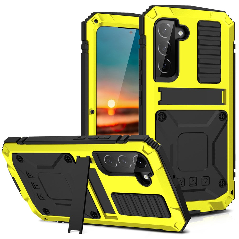 R-JUST for Samsung Galaxy S22 5G Waterproof Drop-Proof Case Kickstand Back Cover with Tempered Glass