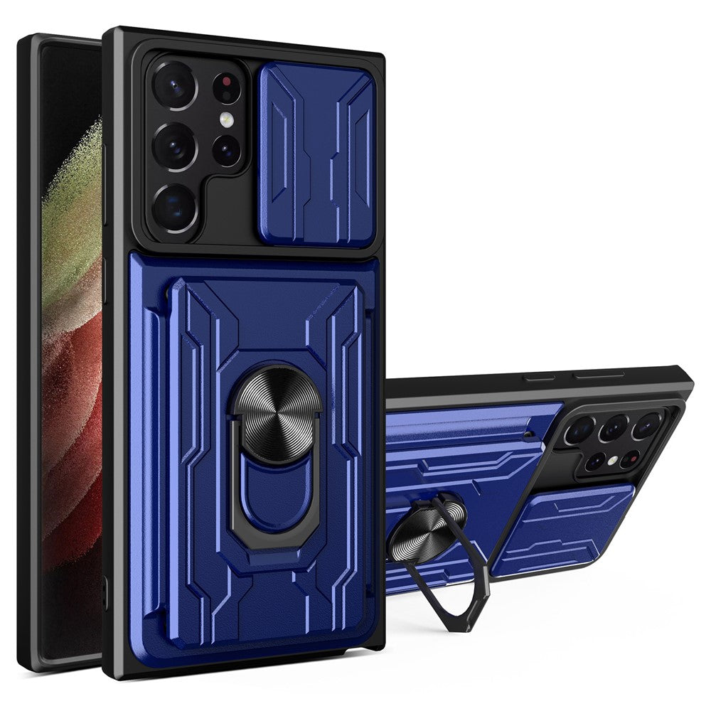 Samsung Galaxy S22 Ultra 5G-cover med kortholder, ring og understøttende design, skydekameracover i PC + TPU-hybrid