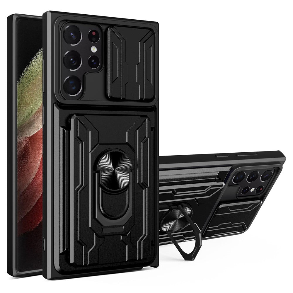 For Samsung Galaxy S22 Ultra 5G Card Holder Slot Ring Kickstand Design Slide Camera Cover PC + TPU Hybrid Case