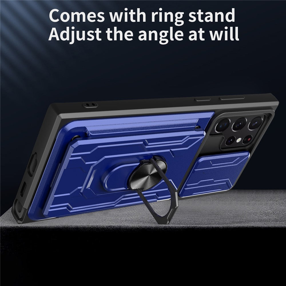 Samsung Galaxy S22 Ultra 5G-cover med kortholder, ring og understøttende design, skydekameracover i PC + TPU-hybrid