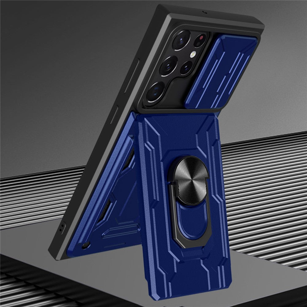 Samsung Galaxy S22 Ultra 5G-cover med kortholder, ring og understøttende design, skydekameracover i PC + TPU-hybrid