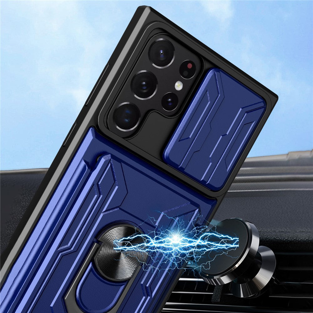 Samsung Galaxy S22 Ultra 5G-cover med kortholder, ring og understøttende design, skydekameracover i PC + TPU-hybrid