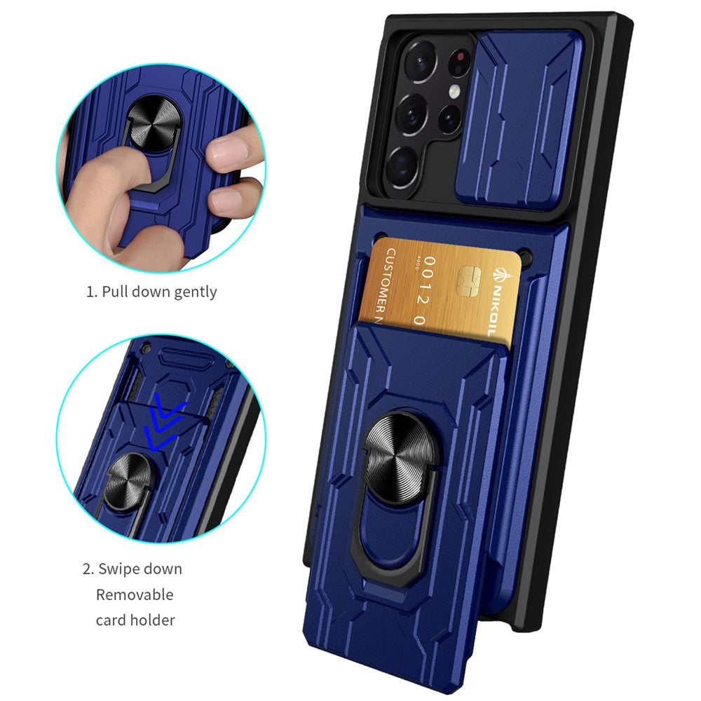 Samsung Galaxy S22 Ultra 5G-cover med kortholder, ring og understøttende design, skydekameracover i PC + TPU-hybrid