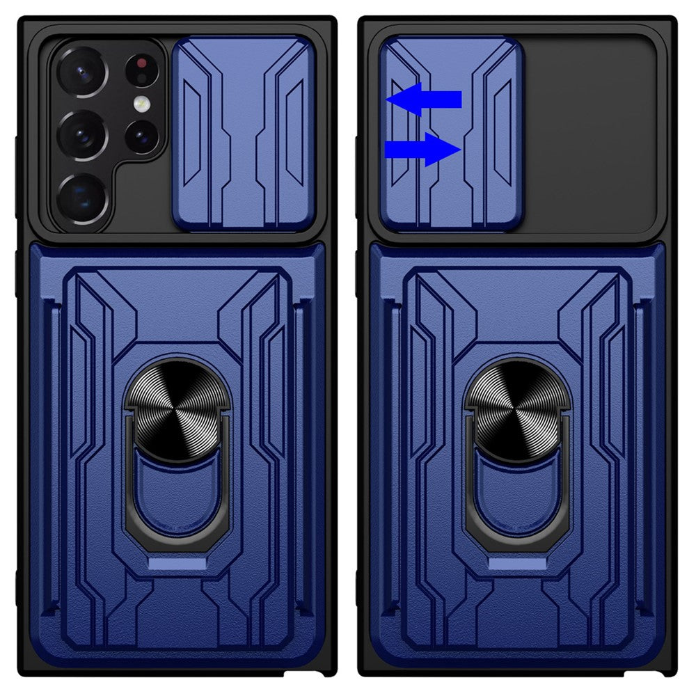 Samsung Galaxy S22 Ultra 5G-cover med kortholder, ring og understøttende design, skydekameracover i PC + TPU-hybrid
