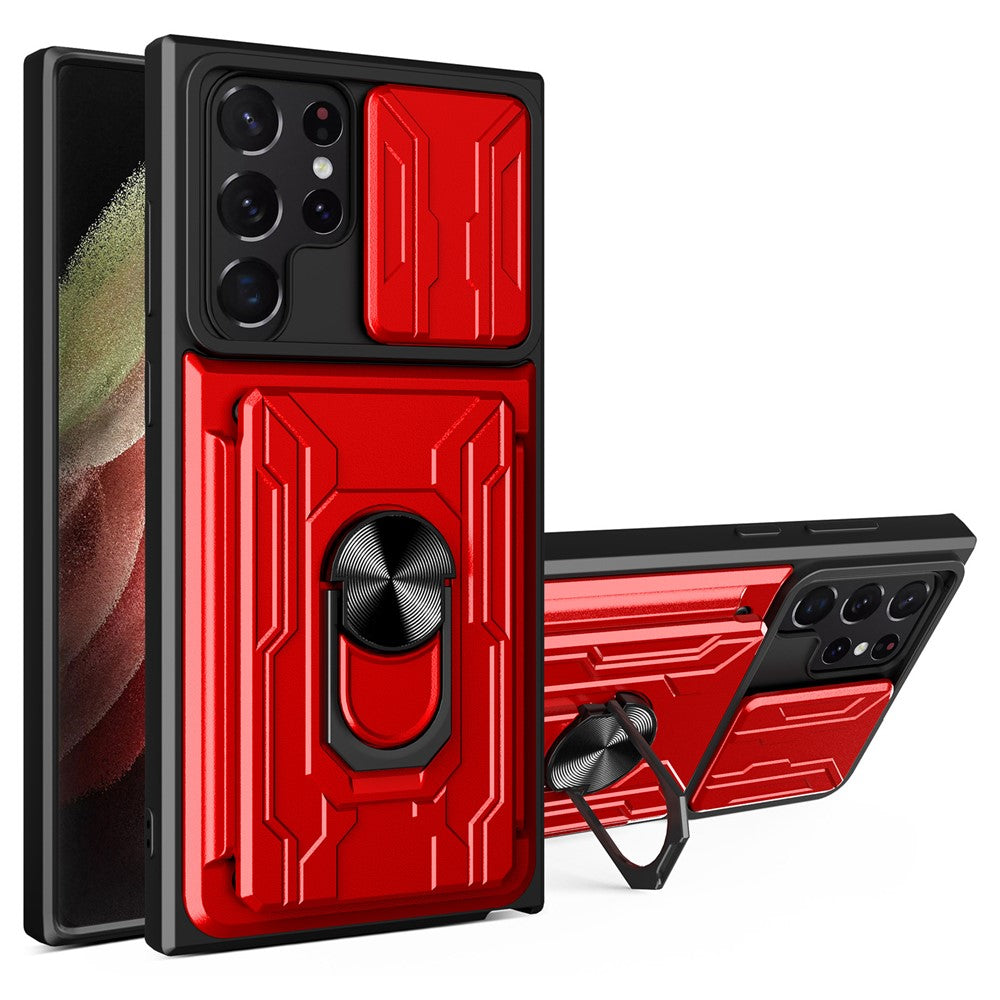 Samsung Galaxy S22 Ultra 5G-cover med kortholder, ring og understøttende design, skydekameracover i PC + TPU-hybrid
