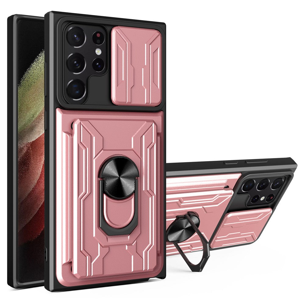 Samsung Galaxy S22 Ultra 5G-cover med kortholder, ring og understøttende design, skydekameracover i PC + TPU-hybrid