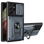 Samsung Galaxy S22 Ultra 5G-cover med kortholder, ring og understøttende design, skydekameracover i PC + TPU-hybrid