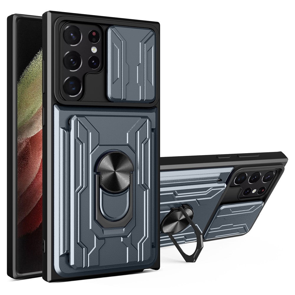 Samsung Galaxy S22 Ultra 5G-cover med kortholder, ring og understøttende design, skydekameracover i PC + TPU-hybrid