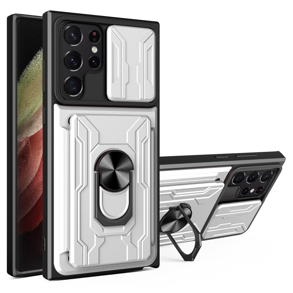 Samsung Galaxy S22 Ultra 5G-cover med kortholder, ring og understøttende design, skydekameracover i PC + TPU-hybrid