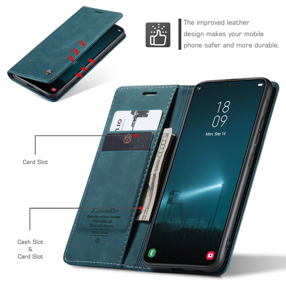 CASEME 013-serien för Samsung Galaxy S22 5G PU-läder plånboksfodral med stativ, magnetiskt absorberande korthållare