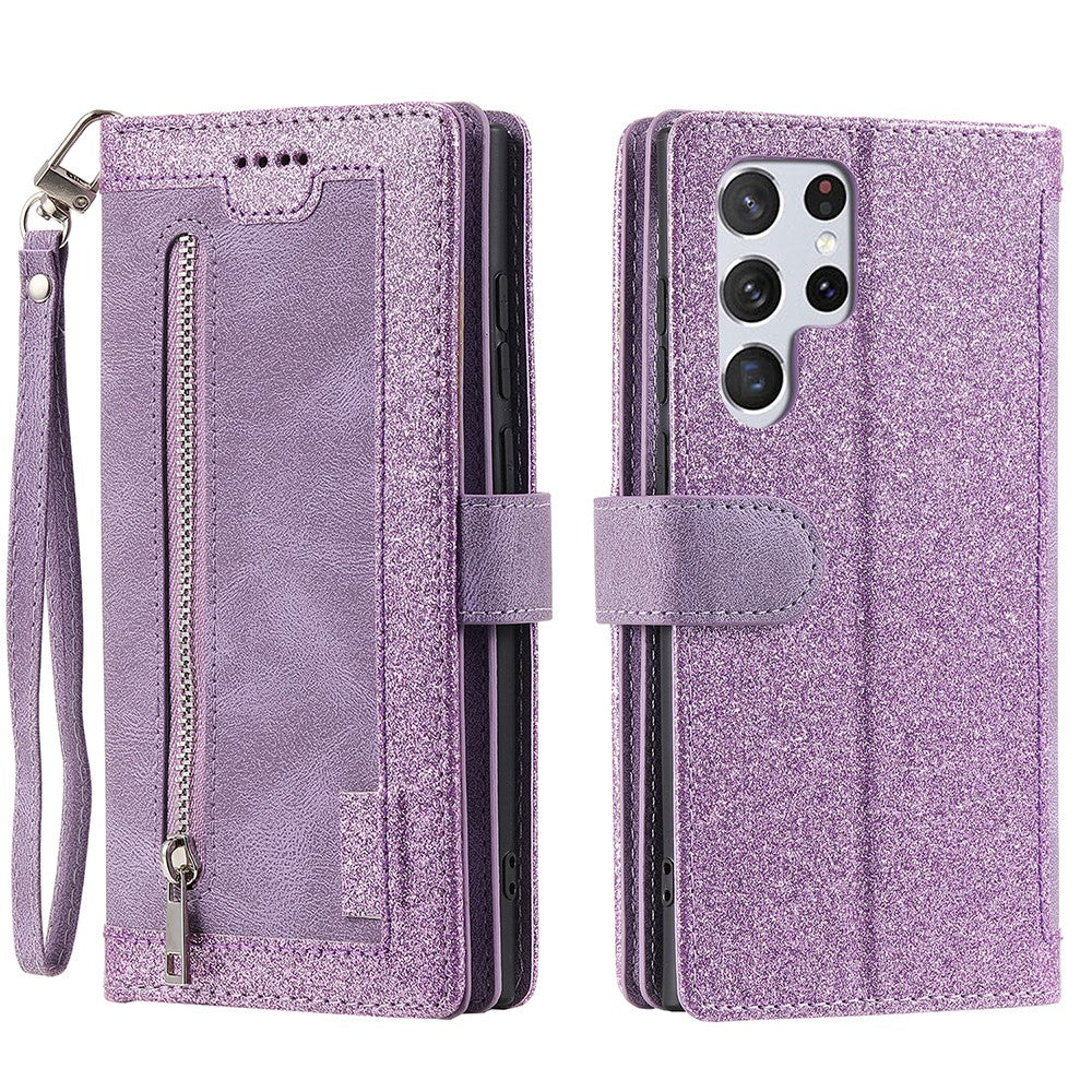 9 Card Slots Zipper Pocket PU Leather Stand Wallet Phone Case Cover with Wrist Strap for Samsung Galaxy S22 Ultra 5G
