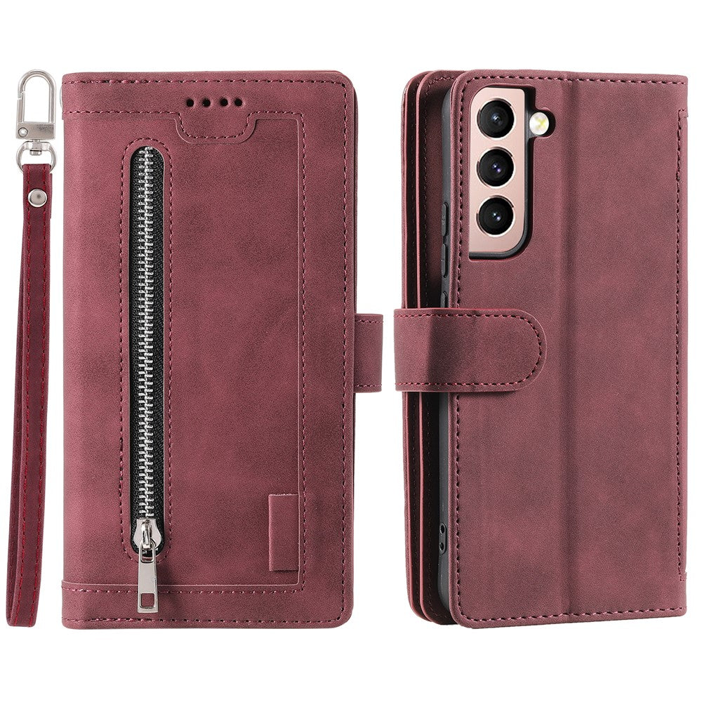 9 Card Slots PU Leather + TPU Foldable Stand Wallet Phone Case Cover with Zipper Pocket for Samsung Galaxy S22+ 5G