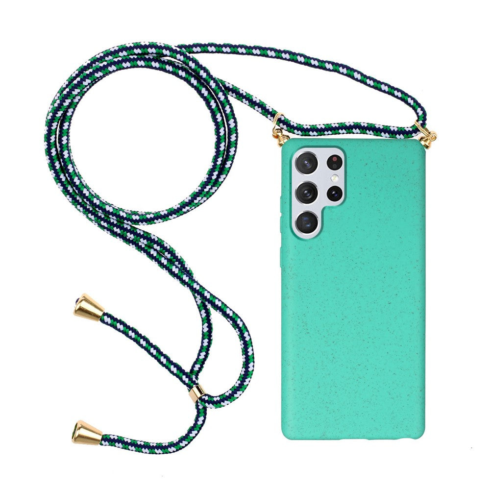 Back Case Wheat Straw + TPU Shockproof Phone Cover with Adjustable Lanyard for Samsung Galaxy S22 Ultra 5G