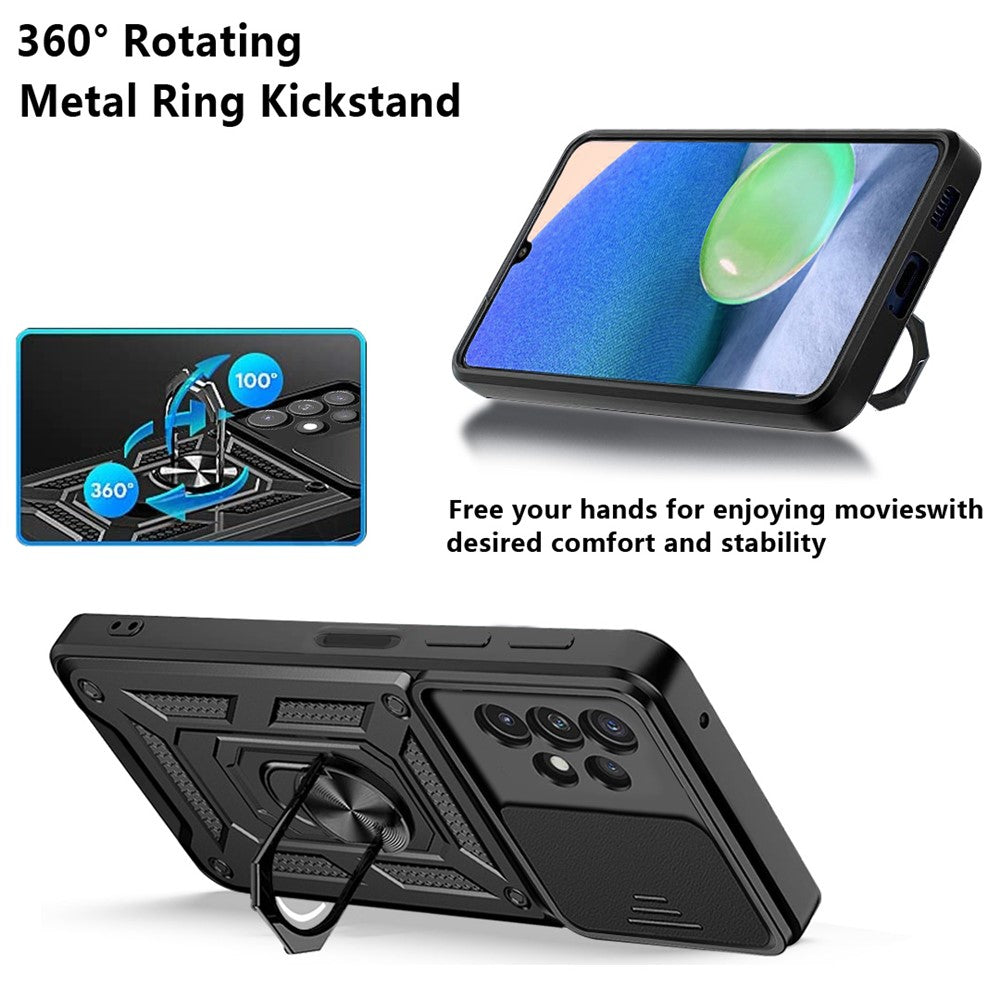 Roterande metallring med stöddesign, glidande kameraskydd, anti-fingeravtryck, PC + TPU hybridmobilskal för Samsung Galaxy A13 4G