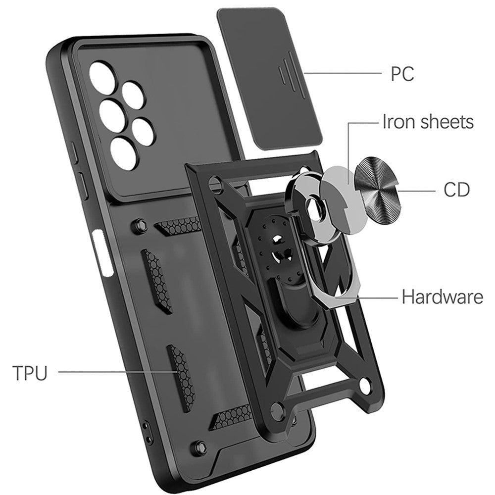 Roterande metallring med stöddesign, glidande kameraskydd, anti-fingeravtryck, PC + TPU hybridmobilskal för Samsung Galaxy A13 4G