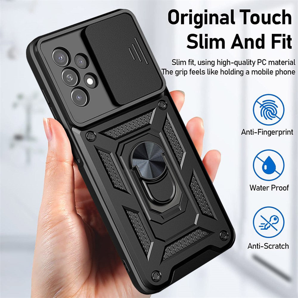 Roterande metallring med stöddesign, glidande kameraskydd, anti-fingeravtryck, PC + TPU hybridmobilskal för Samsung Galaxy A13 4G