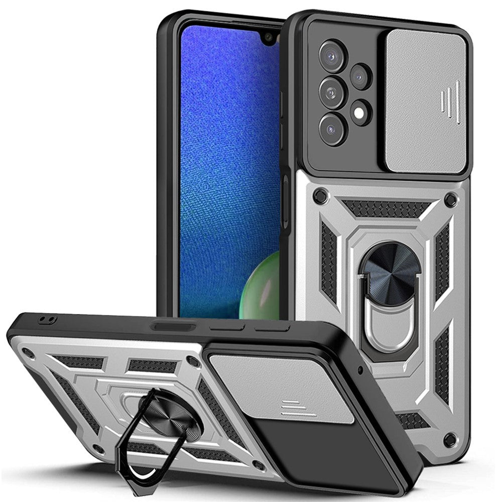Roterande metallring med stöddesign, glidande kameraskydd, anti-fingeravtryck, PC + TPU hybridmobilskal för Samsung Galaxy A13 4G