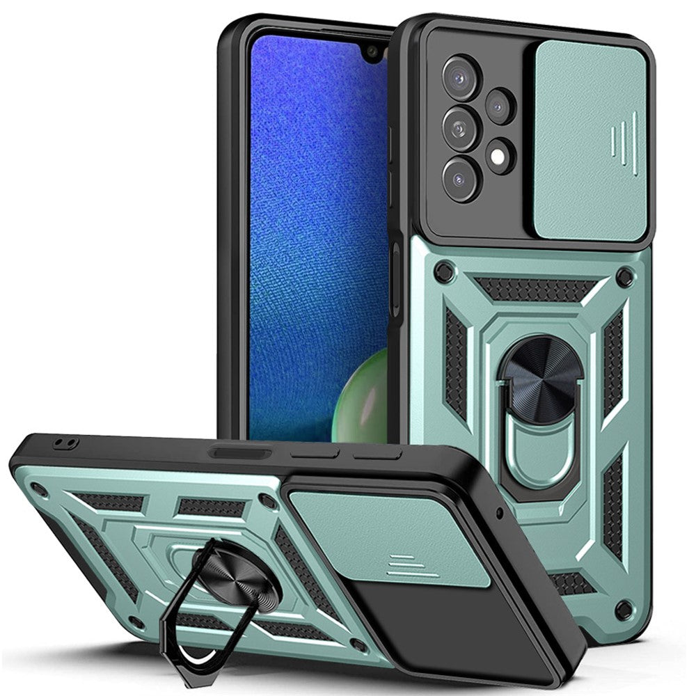 Roterande metallring med stöddesign, glidande kameraskydd, anti-fingeravtryck, PC + TPU hybridmobilskal för Samsung Galaxy A13 4G