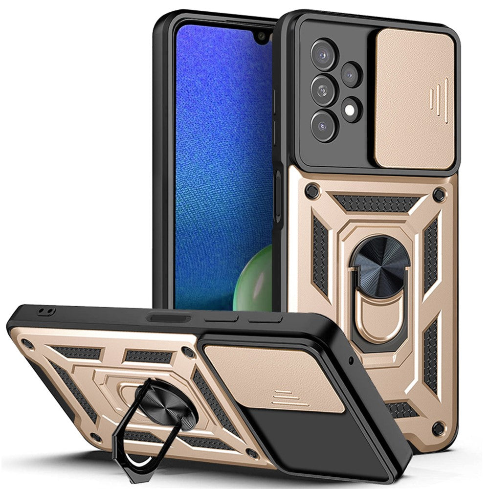 Roterande metallring med stöddesign, glidande kameraskydd, anti-fingeravtryck, PC + TPU hybridmobilskal för Samsung Galaxy A13 4G