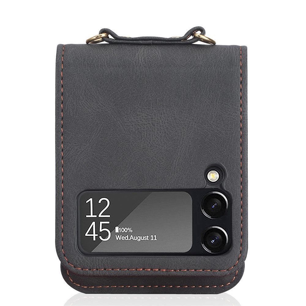 Heltäckande design med kortfack, PU-läderbelagt PC-mobilskal, axelbandsskydd med långt snodd för Samsung Galaxy Z Flip3 5G