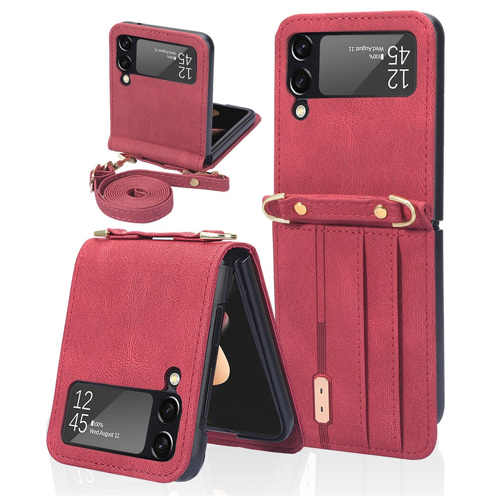 Heltäckande design med kortfack, PU-läderbelagt PC-mobilskal, axelbandsskydd med långt snodd för Samsung Galaxy Z Flip3 5G