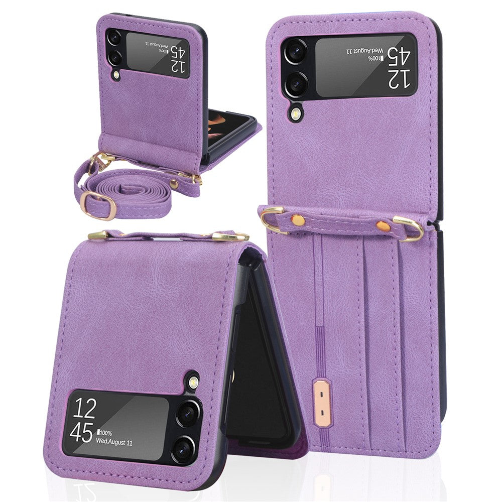 Heltäckande design med kortfack, PU-läderbelagt PC-mobilskal, axelbandsskydd med långt snodd för Samsung Galaxy Z Flip3 5G