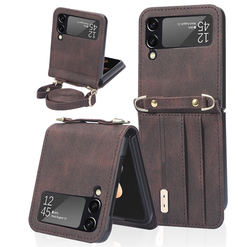 Heltäckande design med kortfack, PU-läderbelagt PC-mobilskal, axelbandsskydd med långt snodd för Samsung Galaxy Z Flip3 5G
