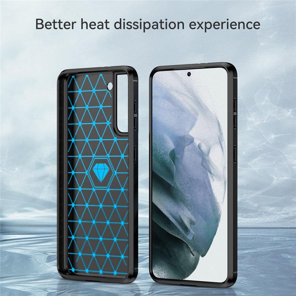 1,8 mm värmeavledande TPU-skal, reptåligt, falltåligt, kolfibertextur, mobilskal med borstad yta för Samsung Galaxy S21 4G/5G