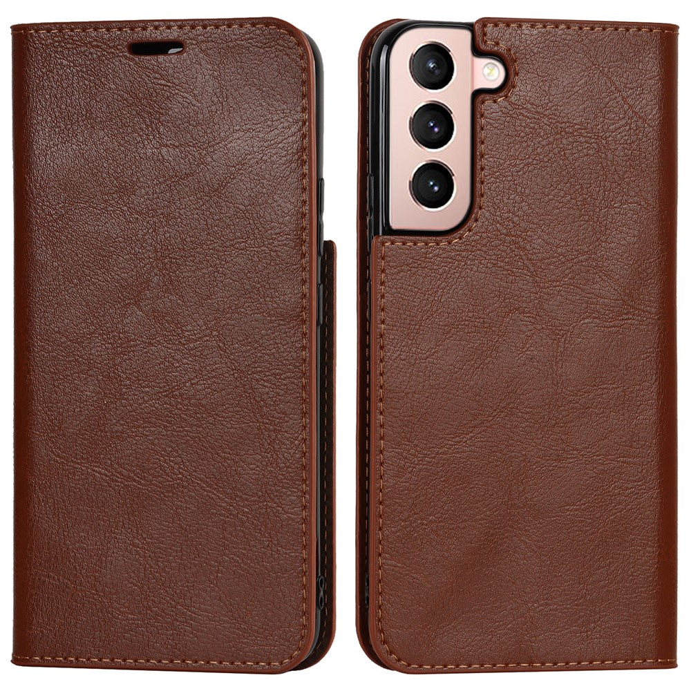 Falltåligt Crazy Horse-textur i äkta läder, magnetiskt, automatiskt stängande fodral med stativ och flip-fodral till Samsung Galaxy S22 5G