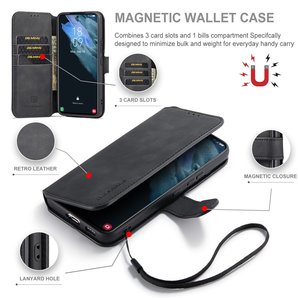DG.MING Retro Leather Case Anti-drop Well-protected Wallet Stand Phone Cover for Samsung Galaxy S22+ 5G