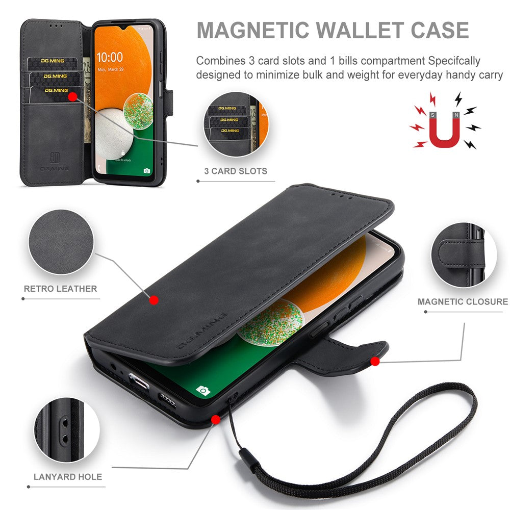 DG.MING Retro Leather Case Drop-resistant Stand Wallet Folio Flip Phone Cover for Samsung Galaxy A13 4G