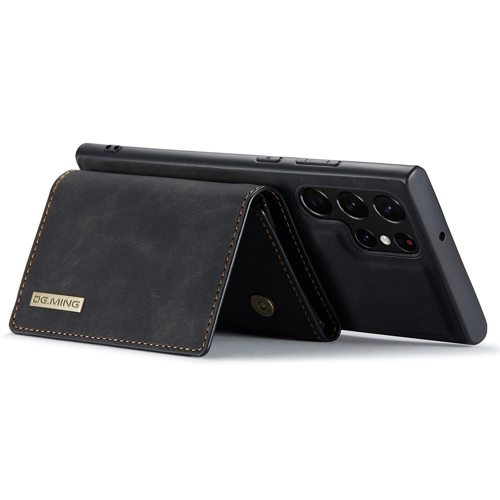 DG.MING M1-seriens mobilcover i PU + TPU + PC med bagside og magnetisk trefoldeligt pungestativ til Samsung Galaxy S22 Ultra 5G