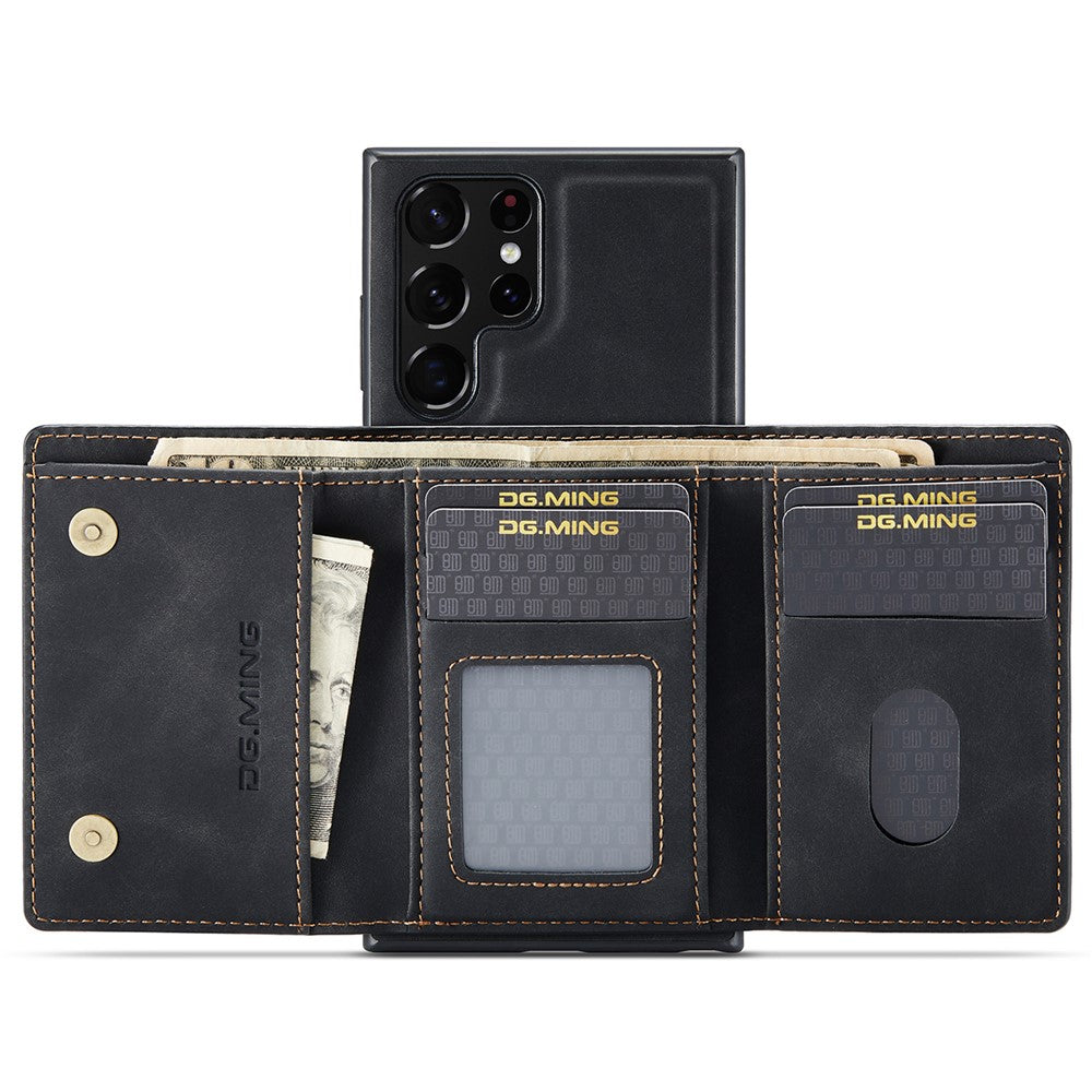 DG.MING M1-seriens mobilcover i PU + TPU + PC med bagside og magnetisk trefoldeligt pungestativ til Samsung Galaxy S22 Ultra 5G