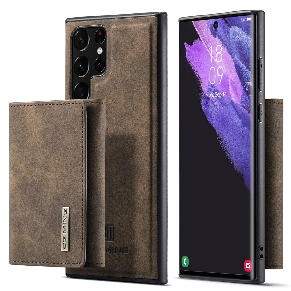 DG.MING M1-seriens mobilcover i PU + TPU + PC med bagside og magnetisk trefoldeligt pungestativ til Samsung Galaxy S22 Ultra 5G