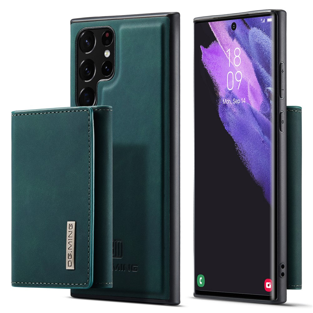 DG.MING M1-seriens mobilcover i PU + TPU + PC med bagside og magnetisk trefoldeligt pungestativ til Samsung Galaxy S22 Ultra 5G