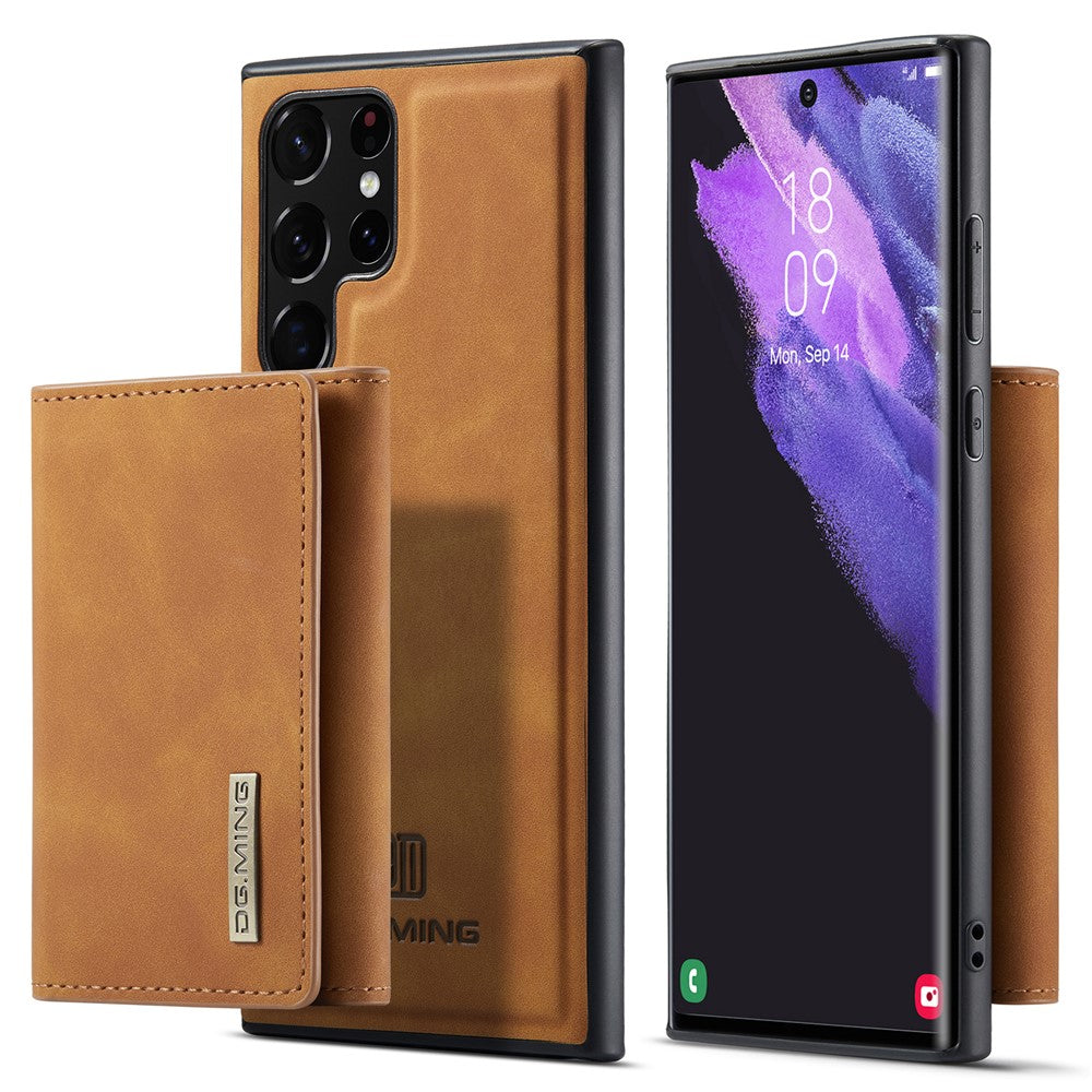 DG.MING M1-seriens mobilcover i PU + TPU + PC med bagside og magnetisk trefoldeligt pungestativ til Samsung Galaxy S22 Ultra 5G