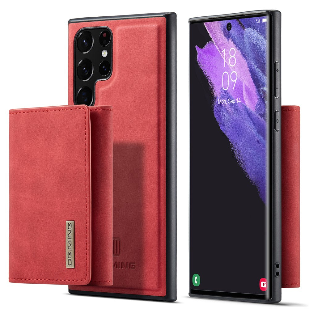 DG.MING M1-seriens mobilcover i PU + TPU + PC med bagside og magnetisk trefoldeligt pungestativ til Samsung Galaxy S22 Ultra 5G