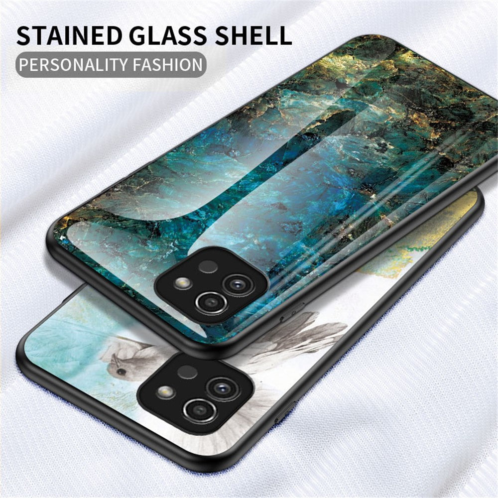 Marmor Mønster Ridsefast Hærdet Glas + PC + TPU Hybrid Beskyttende Telefon Cover til Samsung Galaxy A03 (164.2mm)