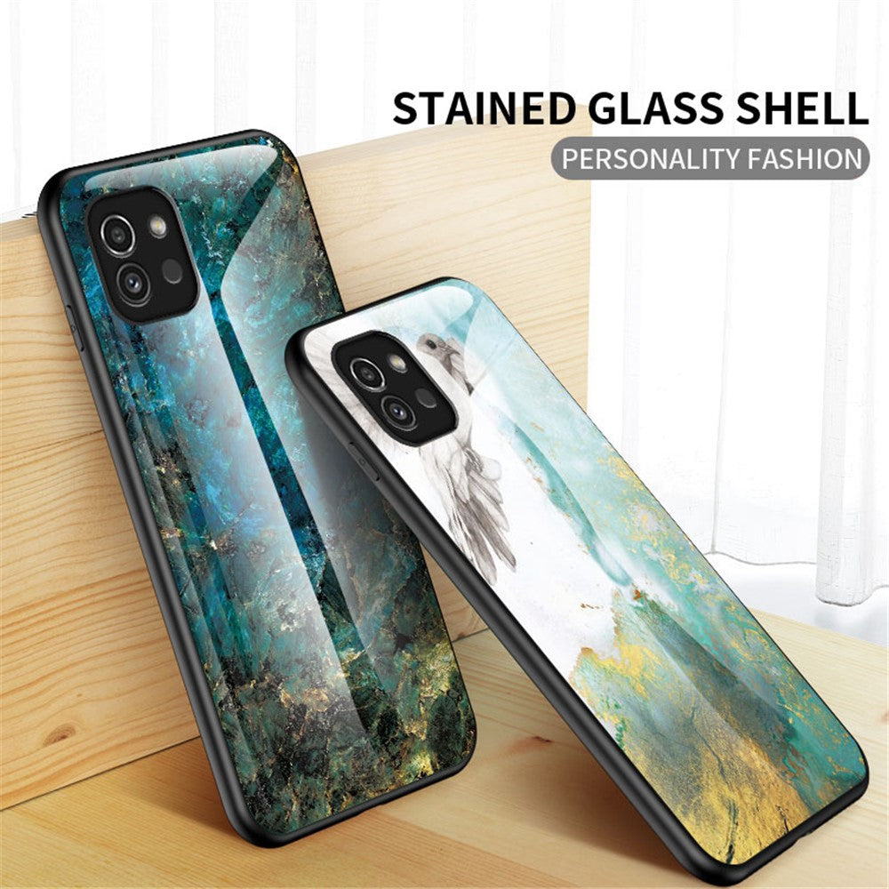 Marmor Mønster Ridsefast Hærdet Glas + PC + TPU Hybrid Beskyttende Telefon Cover til Samsung Galaxy A03 (164.2mm)