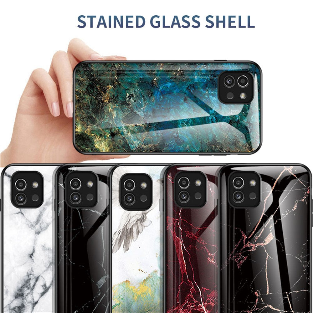 Marmor Mønster Ridsefast Hærdet Glas + PC + TPU Hybrid Beskyttende Telefon Cover til Samsung Galaxy A03 (164.2mm)