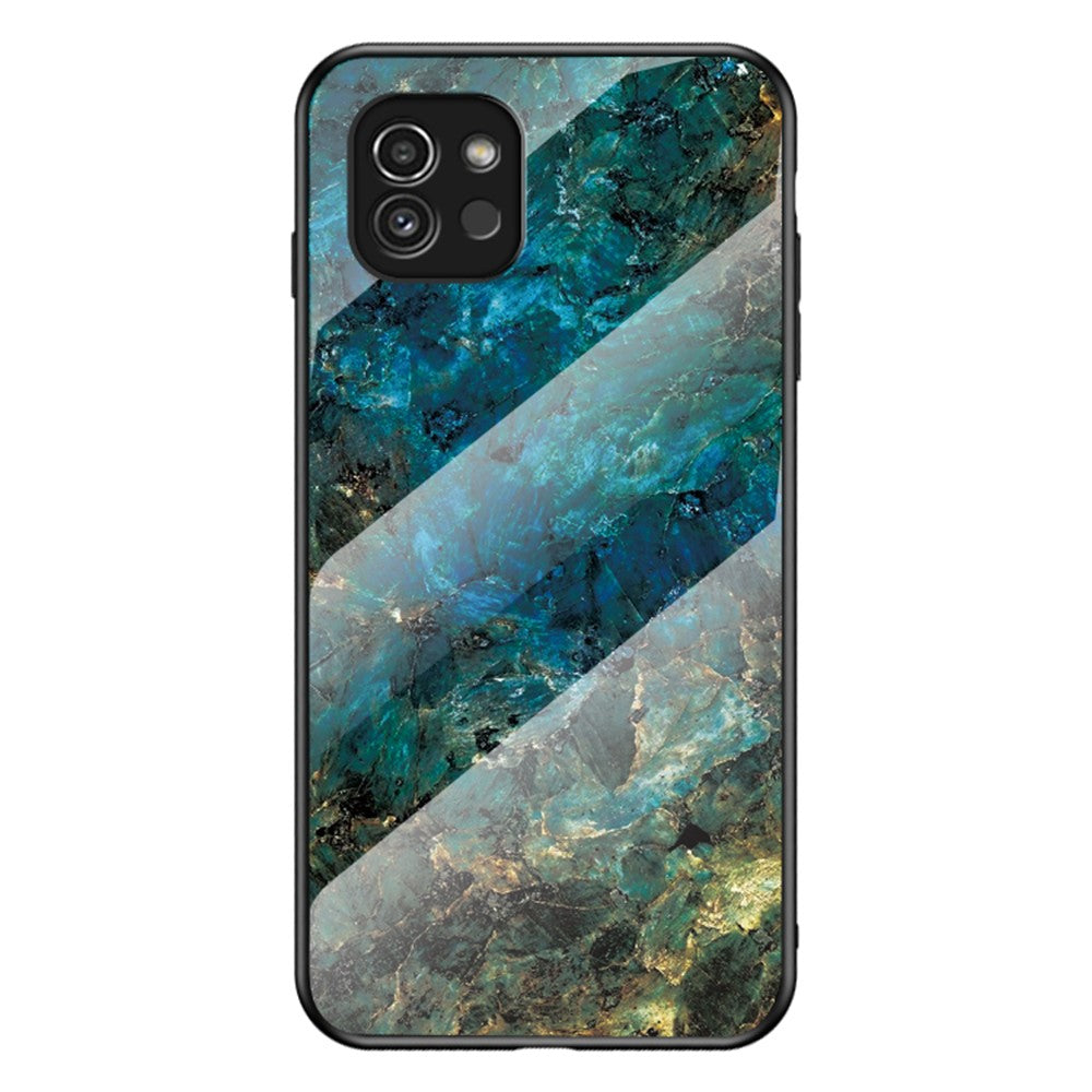 Marmor Mønster Ridsefast Hærdet Glas + PC + TPU Hybrid Beskyttende Telefon Cover til Samsung Galaxy A03 (164.2mm)