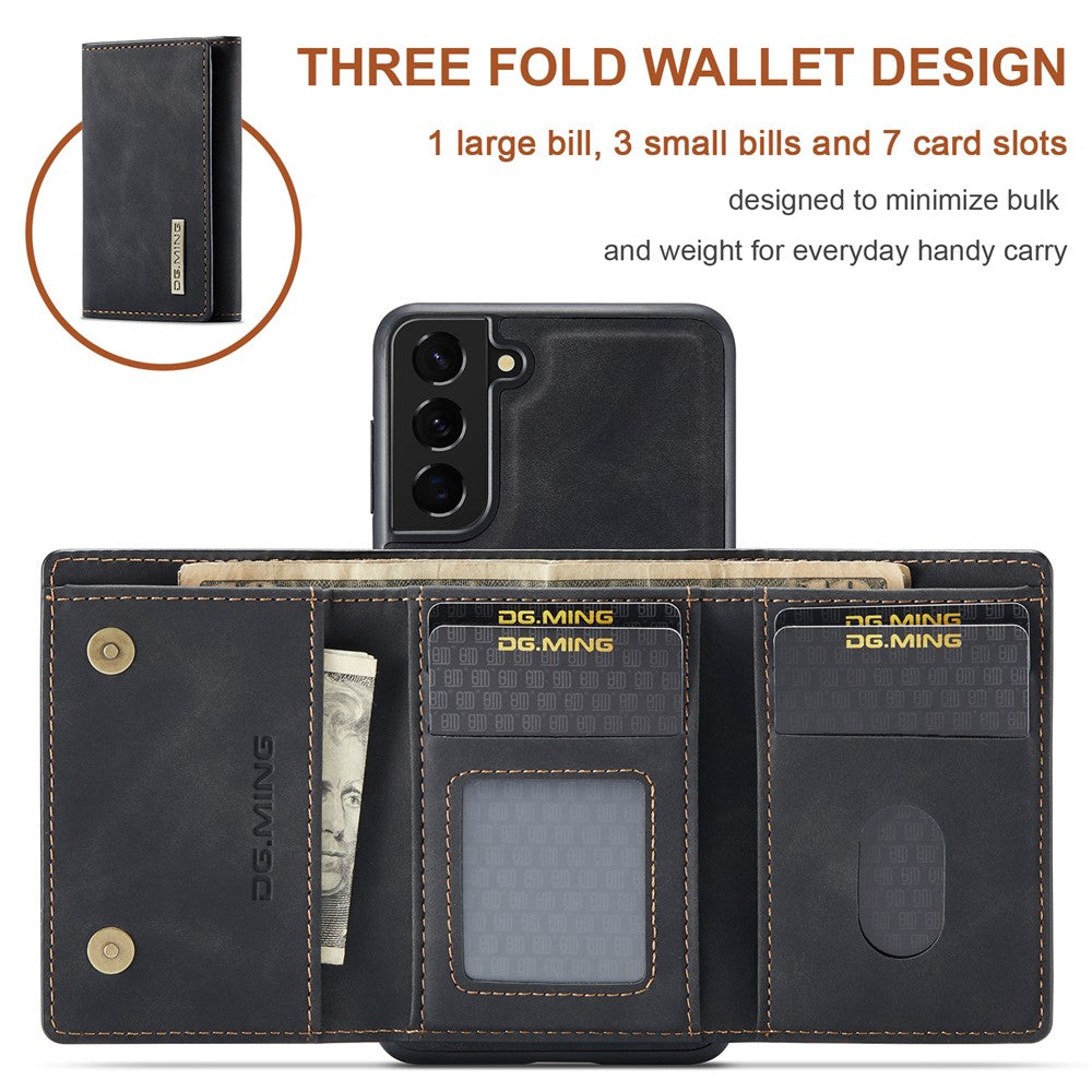 DG.MING M1 Series for Samsung Galaxy S22+ 5G Phone Case PU + TPU + PC Back Cover with Magnetic Tri-Fold Wallet Kickstand