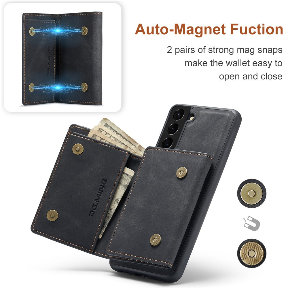 DG.MING M1 Series for Samsung Galaxy S22+ 5G Phone Case PU + TPU + PC Back Cover with Magnetic Tri-Fold Wallet Kickstand