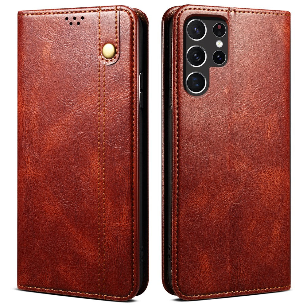 For Samsung Galaxy S22 Ultra 5G Crazy Horse Texture Anti-scratch Waxy PU Leather Magnetic Absorption Wallet Stand Phone Case Cover Shell