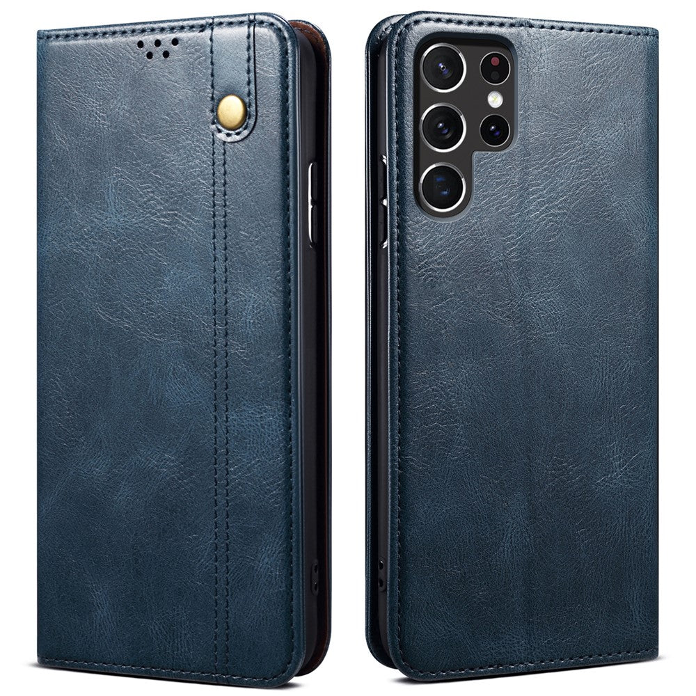 For Samsung Galaxy S22 Ultra 5G Crazy Horse Texture Anti-scratch Waxy PU Leather Magnetic Absorption Wallet Stand Phone Case Cover Shell