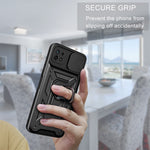 Til Samsung Galaxy A22 5G (EU-version) Anti-fingeraftryk Ring Kickstand Design Slide Kameralinse Cover PC + TPU Hybrid Beskyttende Telefoncover