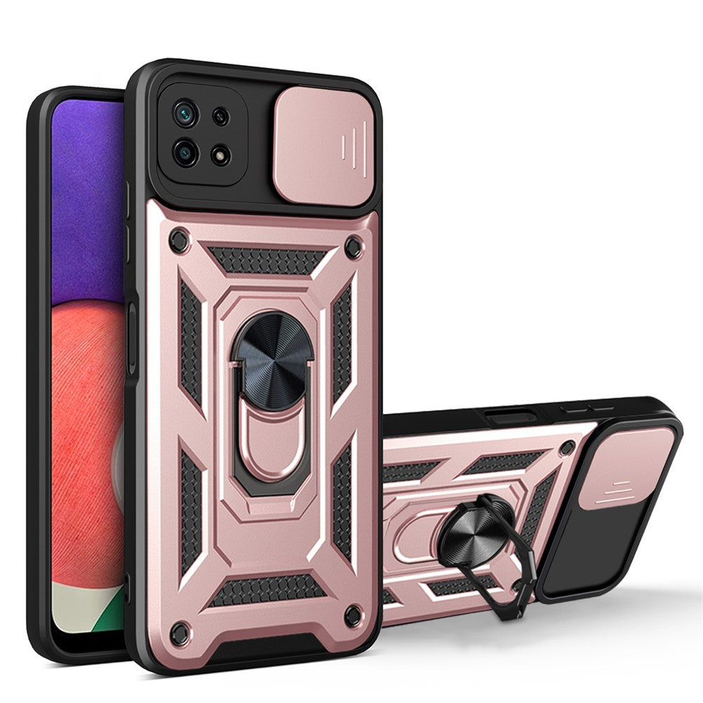 Til Samsung Galaxy A22 5G (EU-version) Anti-fingeraftryk Ring Kickstand Design Slide Kameralinse Cover PC + TPU Hybrid Beskyttende Telefoncover